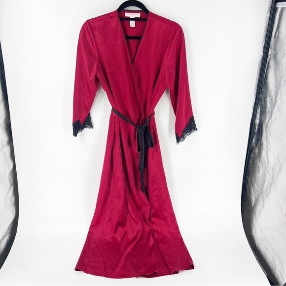 ✅ OSCAR DE LA RENTA PINK LABEL ROBE RED WITH BLACK LACE SIZE MEDIUM - Picture 1 of 6
